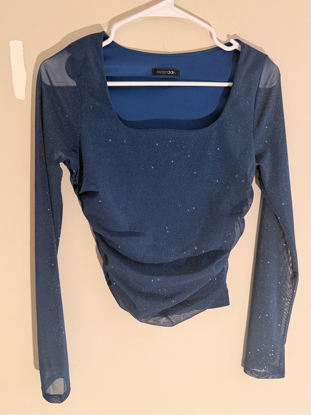 Classy Blue Sparkle Long-Sleeve Mesh Top